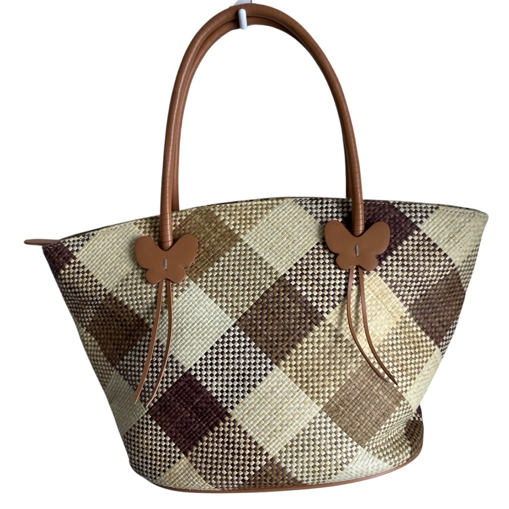Etienne Aigner Straw Woven Butterfly Purse Plaid GUC - Picture 2 of 12